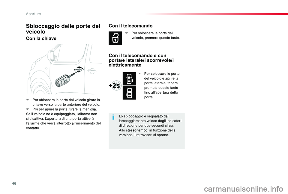 TOYOTA PROACE VERSO 2020  Manuale duso (in Italian) 46
Proace_Verso_IT_Chap02_ouvertures_ed01-2019
Con la chiave
F Per sbloccare le porte del veicolo girare la chiave verso la parte anteriore del veicolo.F Poi per aprire la porta, tirare la maniglia.Se