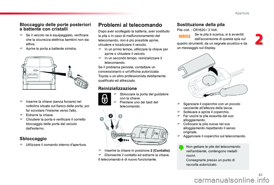 TOYOTA PROACE VERSO 2020 Manuale duso (in Italian) 51
Proace_Verso_IT_Chap02_ouvertures_ed01-2019
Sostituzione della pila
Non gettare le pile del telecomando nell'ambiente, contengono metalli nocivi.Consegnarle presso un punto di raccolta autorizz TOYOTA PROACE VERSO 2020 Manuale duso (in Italian) 51
Proace_Verso_IT_Chap02_ouvertures_ed01-2019
Sostituzione della pila
Non gettare le pile del telecomando nell'ambiente, contengono metalli nocivi.Consegnarle presso un punto di raccolta autorizz