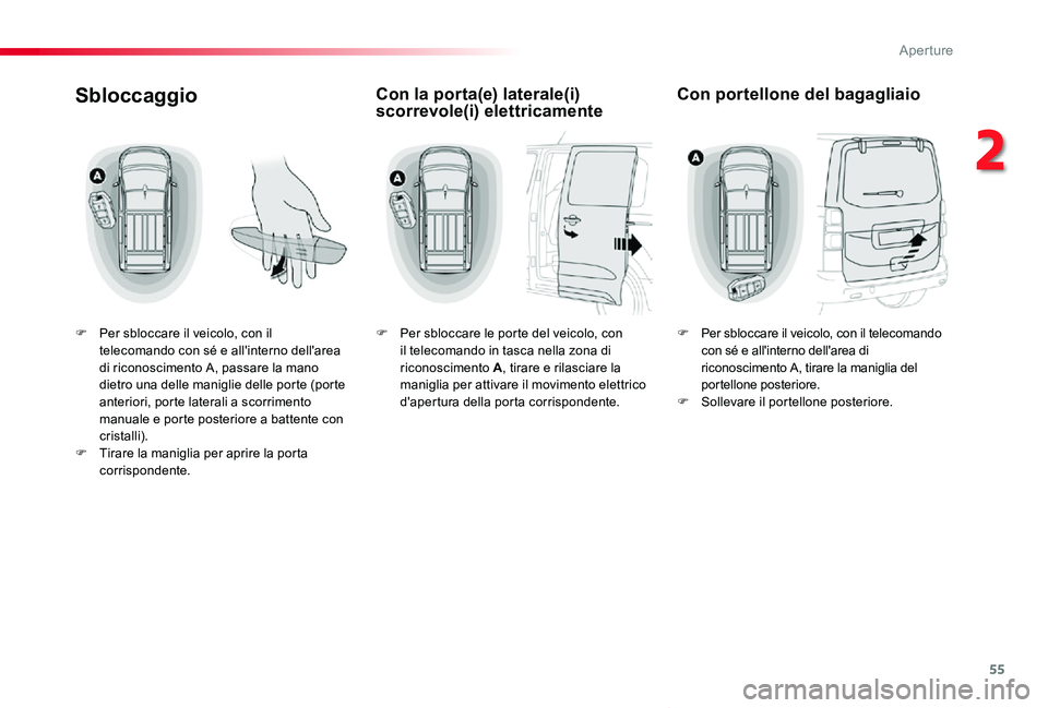 TOYOTA PROACE VERSO 2020  Manuale duso (in Italian) 55
Proace_Verso_IT_Chap02_ouvertures_ed01-2019
Sbloccaggio
F Per sbloccare il veicolo, con il telecomando con sé e all'interno dell'area di riconoscimento A, passare la mano dietro una delle 
