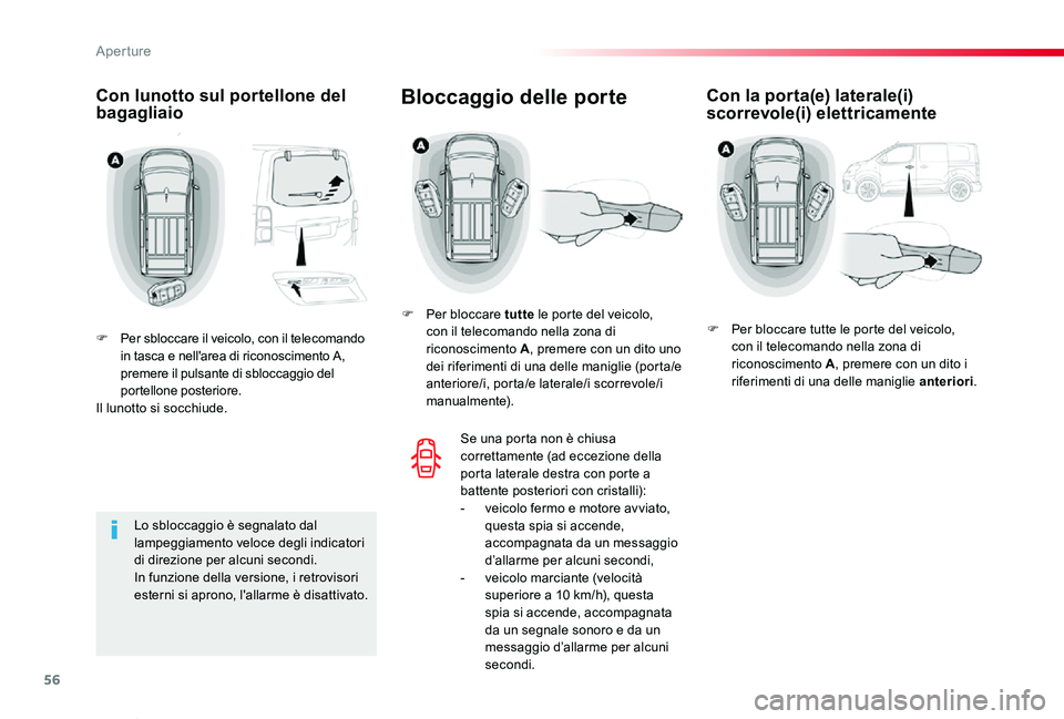 TOYOTA PROACE VERSO 2020 Manuale duso (in Italian) 56
Proace_Verso_IT_Chap02_ouvertures_ed01-2019
Con lunotto sul portellone del bagagliaio
F Per sbloccare il veicolo, con il telecomando in tasca e nell'area di riconoscimento A, premere il pulsant TOYOTA PROACE VERSO 2020 Manuale duso (in Italian) 56
Proace_Verso_IT_Chap02_ouvertures_ed01-2019
Con lunotto sul portellone del bagagliaio
F Per sbloccare il veicolo, con il telecomando in tasca e nell'area di riconoscimento A, premere il pulsant