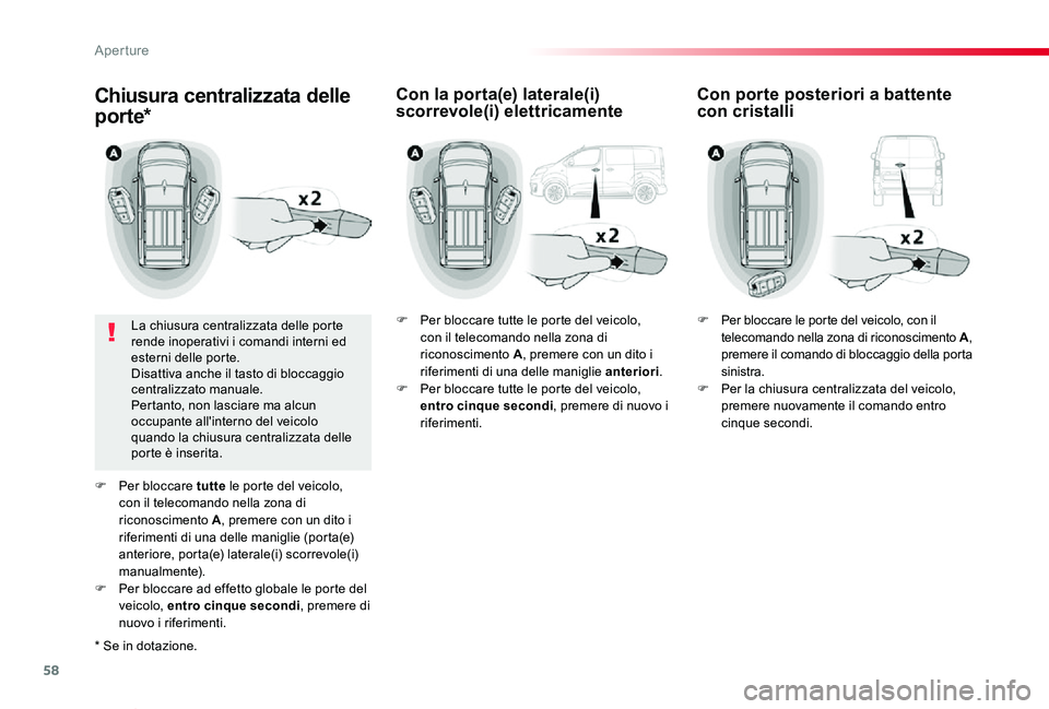 TOYOTA PROACE VERSO 2020 Manuale duso (in Italian) 58
Proace_Verso_IT_Chap02_ouvertures_ed01-2019
Chiusura centralizzata delle
por te*
La chiusura centralizzata delle porte rende inoperativi i comandi interni ed esterni delle porte.Disattiva anche il TOYOTA PROACE VERSO 2020 Manuale duso (in Italian) 58
Proace_Verso_IT_Chap02_ouvertures_ed01-2019
Chiusura centralizzata delle
por te*
La chiusura centralizzata delle porte rende inoperativi i comandi interni ed esterni delle porte.Disattiva anche il