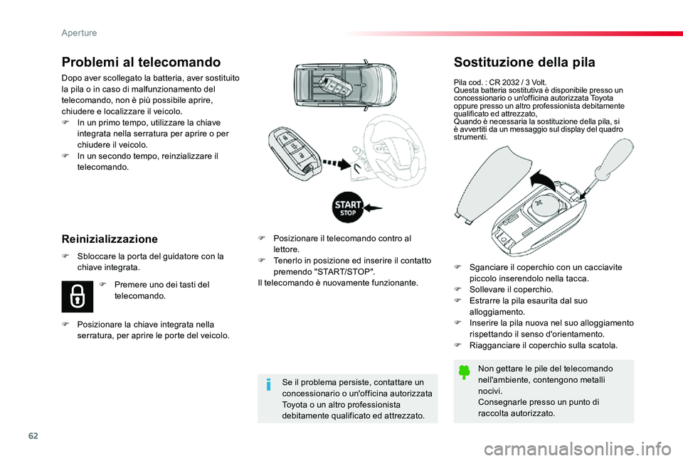 TOYOTA PROACE VERSO 2020 Manuale duso (in Italian) 62
Proace_Verso_IT_Chap02_ouvertures_ed01-2019
Sostituzione della pila
Pila cod. : CR 2032 / 3 Volt.Questa batteria sostitutiva è disponibile presso un concessionario o un'officina autorizzata To TOYOTA PROACE VERSO 2020 Manuale duso (in Italian) 62
Proace_Verso_IT_Chap02_ouvertures_ed01-2019
Sostituzione della pila
Pila cod. : CR 2032 / 3 Volt.Questa batteria sostitutiva è disponibile presso un concessionario o un'officina autorizzata To
