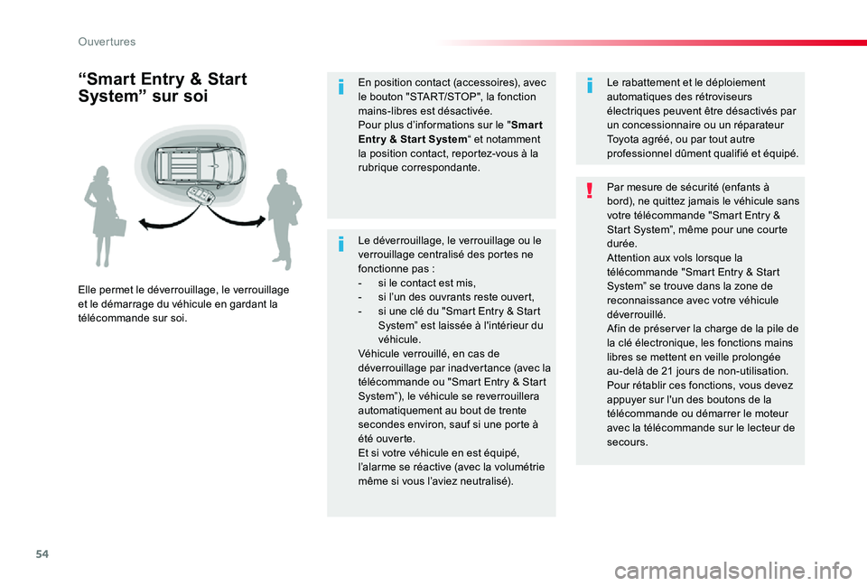 TOYOTA PROACE VERSO 2020 Notices Demploi (in French) 54
Le déverrouillage, le verrouillage ou le verrouillage centralisé des portes ne fonctionne pas :- si le contact est mis,- si l’un des ouvrants reste ouvert,- si une clé du "Smart Entry & St TOYOTA PROACE VERSO 2020 Notices Demploi (in French) 54
Le déverrouillage, le verrouillage ou le verrouillage centralisé des portes ne fonctionne pas :- si le contact est mis,- si l’un des ouvrants reste ouvert,- si une clé du "Smart Entry & St