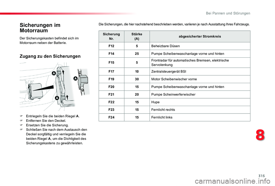 TOYOTA PROACE VERSO 2020  Betriebsanleitungen (in German) 315
Proace_Verso_de_Chap08_En-cas-de-panne_ed2019_V02
Sicherungen im  
Motorraum
F Entriegeln Sie die beiden Riegel A.F Entfernen Sie den Deckel.F Ersetzen Sie die Sicherung.F Schließen Sie nach dem 