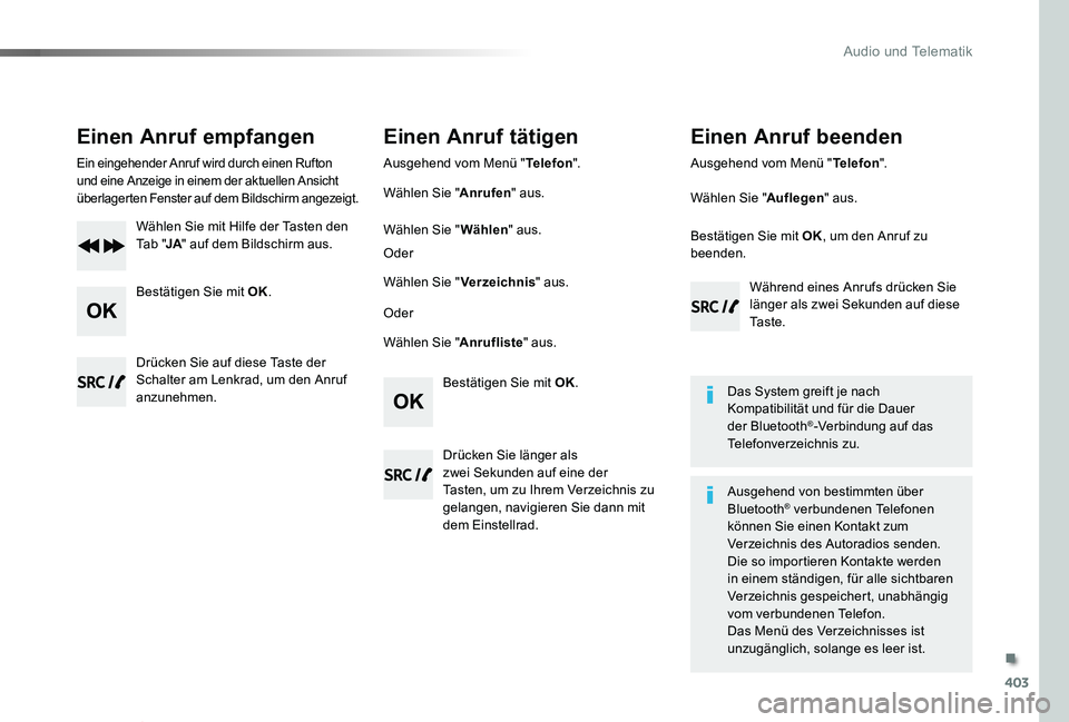 TOYOTA PROACE VERSO 2020  Betriebsanleitungen (in German) 403
Proace_Verso_de_Chap10d_RD6_ed2019_V02
Einen Anruf empfangen
Ein eingehender Anruf wird durch einen Rufton und eine Anzeige in einem der aktuellen Ansicht überlagerten Fenster auf dem Bildschirm 