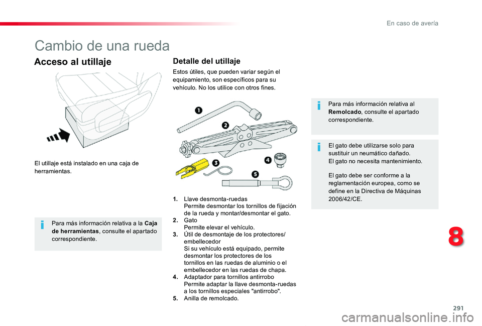 TOYOTA PROACE VERSO 2020 Manuale de Empleo (in Spanish) 291
ProaceVerso_es_Chap08_En-cas-de-panne_ed2019_V02
Cambio de una rueda
El utillaje está instalado en una caja de herramientas.
Acceso al utillaje
1. Llave desmonta-ruedas Permite desmontar los tor TOYOTA PROACE VERSO 2020 Manuale de Empleo (in Spanish) 291
ProaceVerso_es_Chap08_En-cas-de-panne_ed2019_V02
Cambio de una rueda
El utillaje está instalado en una caja de herramientas.
Acceso al utillaje
1. Llave desmonta-ruedas Permite desmontar los tor