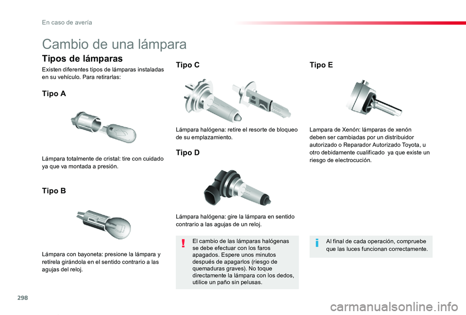 TOYOTA PROACE VERSO 2020 Manuale de Empleo (in Spanish) 298
ProaceVerso_es_Chap08_En-cas-de-panne_ed2019_V02
Cambio de una lámpara
Lámpara halógena: gire la lámpara en sentido contrario a las agujas de un reloj.
Tipo A
Lámpara con bayoneta: presione l TOYOTA PROACE VERSO 2020 Manuale de Empleo (in Spanish) 298
ProaceVerso_es_Chap08_En-cas-de-panne_ed2019_V02
Cambio de una lámpara
Lámpara halógena: gire la lámpara en sentido contrario a las agujas de un reloj.
Tipo A
Lámpara con bayoneta: presione l
