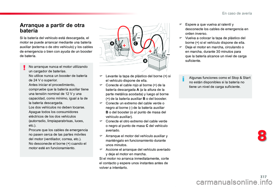TOYOTA PROACE VERSO 2020 Manuale de Empleo (in Spanish) 317
ProaceVerso_es_Chap08_En-cas-de-panne_ed2019_V02
Arranque a partir de otra
batería
No arranque nunca el motor utilizando un cargador de baterías.No utilice nunca un booster de batería de 24 V TOYOTA PROACE VERSO 2020 Manuale de Empleo (in Spanish) 317
ProaceVerso_es_Chap08_En-cas-de-panne_ed2019_V02
Arranque a partir de otra
batería
No arranque nunca el motor utilizando un cargador de baterías.No utilice nunca un booster de batería de 24 V