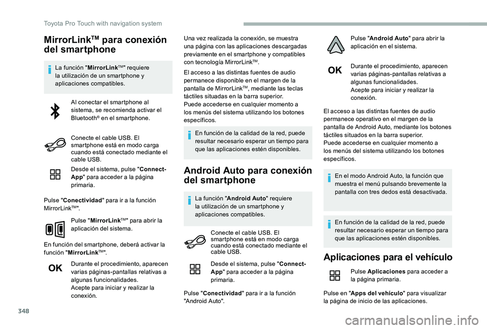 TOYOTA PROACE VERSO 2020  Manuale de Empleo (in Spanish) 348
MirrorLinkTM para conexión 
del smartphone
La función "MirrorLinkTM" requiere la utilización de un smartphone y aplicaciones compatibles.
Desde el sistema, pulse "Connect-App" p