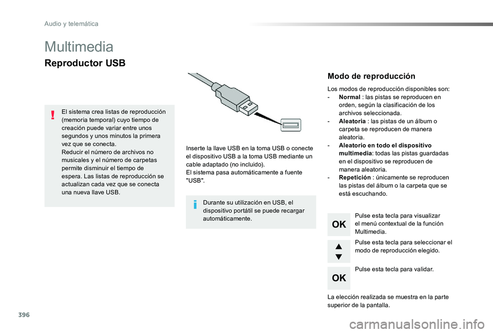 TOYOTA PROACE VERSO 2020  Manuale de Empleo (in Spanish) 396
ProaceVerso_es_Chap10d_RD6_ed2019_V02
Multimedia
Reproductor USB
Inserte la llave USB en la toma USB o conecte el dispositivo USB a la toma USB mediante un cable adaptado (no incluido).El sistema 