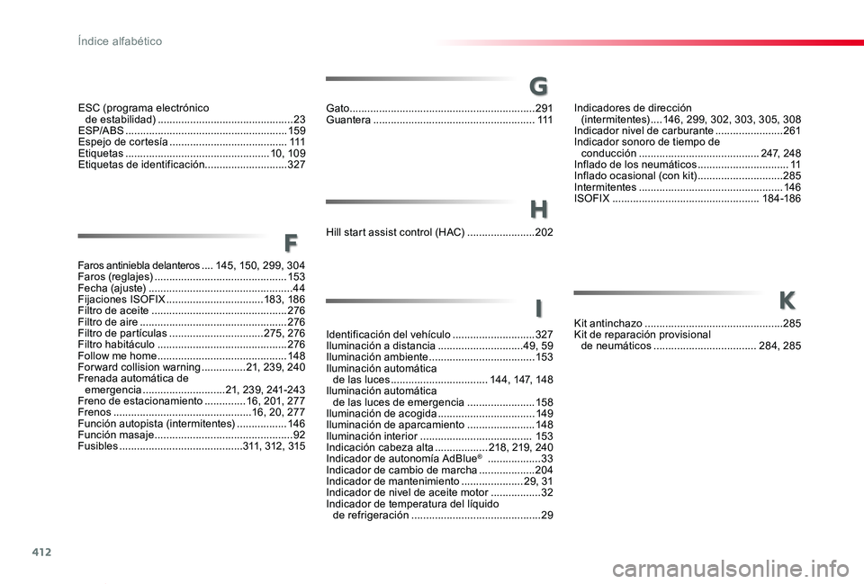 TOYOTA PROACE VERSO 2020  Manuale de Empleo (in Spanish) 412
ProaceVerso_es_Chap11_index-alpha_ed2019_V02
F
Faros antiniebla delanteros ....145, 15 0, 299, 304Faros (reglajes) .............................................15 3Fecha (ajuste) .................