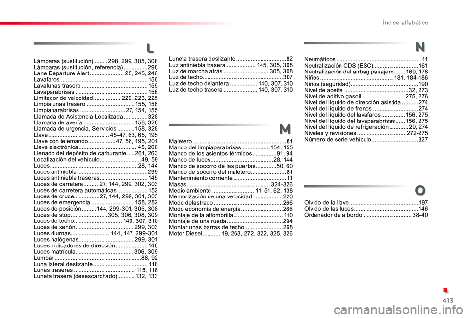 TOYOTA PROACE VERSO 2020  Manuale de Empleo (in Spanish) 413
ProaceVerso_es_Chap11_index-alpha_ed2019_V02
Lámparas (sustitución).........298, 299, 305, 308Lámparas (sustitución, referencia) ...............298Lane Departure Alert .....................28,