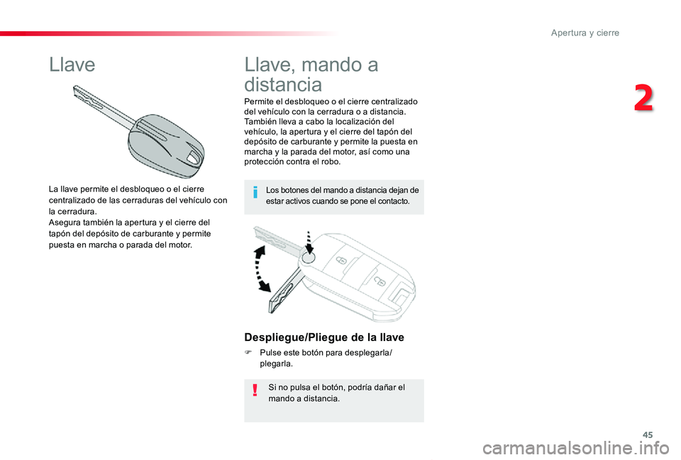 TOYOTA PROACE VERSO 2020  Manuale de Empleo (in Spanish) 45
ProaceVerso_es_Chap02_ouvertures_ed2019_V02
Despliegue/Pliegue de la llave
F Pulse este botón para desplegarla/plegarla.
Si no pulsa el botón, podría dañar el mando a distancia.
Permite el desb