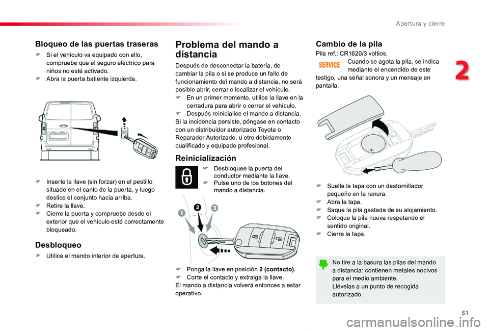 TOYOTA PROACE VERSO 2020 Manuale de Empleo (in Spanish) 51
ProaceVerso_es_Chap02_ouvertures_ed2019_V02
Cambio de la pila
No tire a la basura las pilas del mando a distancia: contienen metales nocivos para el medio ambiente.Llévelas a un punto de recogida TOYOTA PROACE VERSO 2020 Manuale de Empleo (in Spanish) 51
ProaceVerso_es_Chap02_ouvertures_ed2019_V02
Cambio de la pila
No tire a la basura las pilas del mando a distancia: contienen metales nocivos para el medio ambiente.Llévelas a un punto de recogida