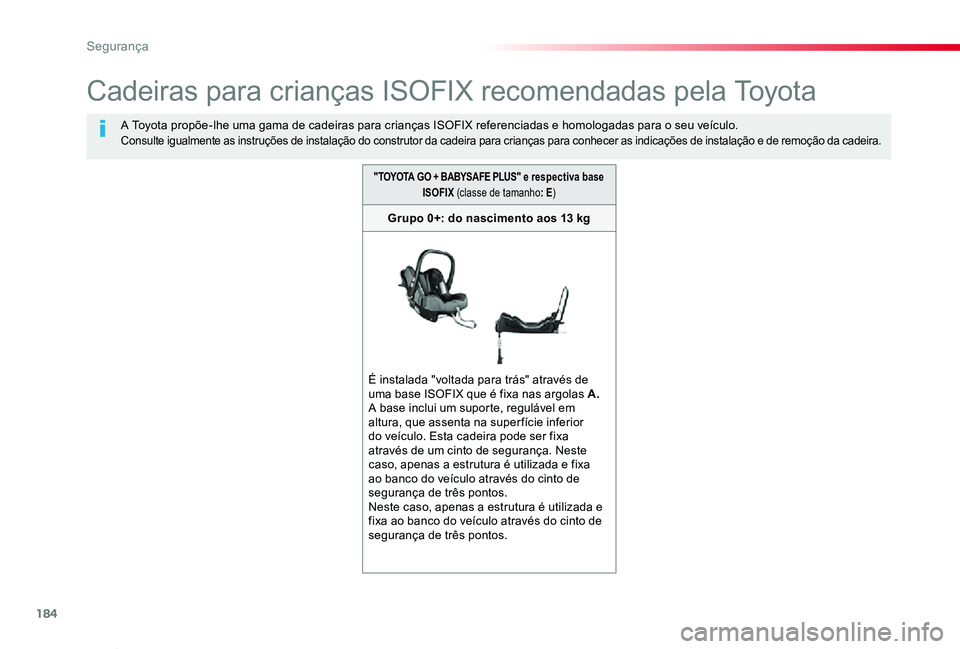 TOYOTA PROACE VERSO 2020  Manual de utilização (in Portuguese) 184
ProaceVerso_pt_Chap05_securite_ed2019_V02
Cadeiras para crianças ISOFIX recomendadas pela Toyota
A Toyota propõe-lhe uma gama de cadeiras para crianças ISOFIX referenciadas e homologadas para o