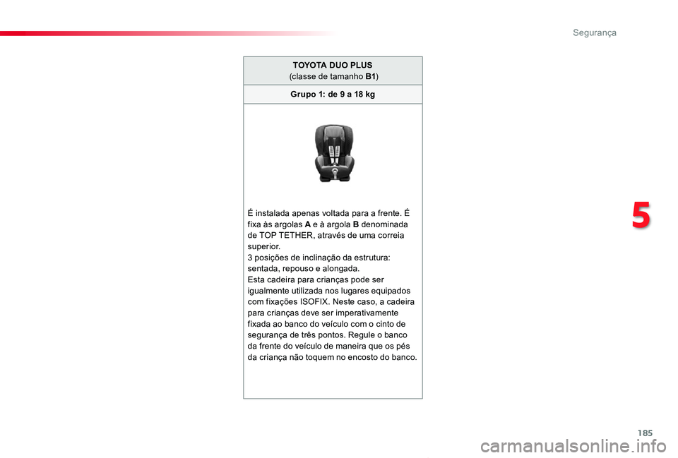 TOYOTA PROACE VERSO 2020  Manual de utilização (in Portuguese) 185
ProaceVerso_pt_Chap05_securite_ed2019_V02
TOYOTA DUO PLUS  (classe de tamanho B1)
Grupo 1: de 9 a 18 kg
É instalada apenas voltada para a frente. É fixa às argolas A e à argola B denominada de