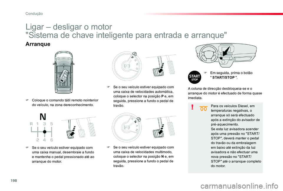 TOYOTA PROACE VERSO 2020  Manual de utilização (in Portuguese) 198
ProaceVerso_pt_Chap06_conduite_ed2019_V02
Para os veículos Diesel, em temperaturas negativas, o arranque só será efectuado após a extinção do avisador de pré-aquecimento.Se esta luz avisado