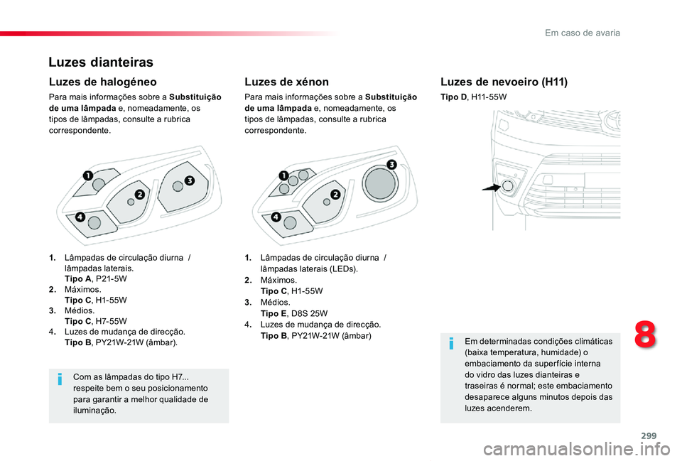 TOYOTA PROACE VERSO 2020  Manual de utilização (in Portuguese) 299
ProaceVerso_pt_Chap08_En-cas-de-panne_ed2019_V02
Luzes dianteiras
Luzes de xénon
Para mais informações sobre a Substituição de uma lâmpada e, nomeadamente, os tipos de lâmpadas, consulte a 