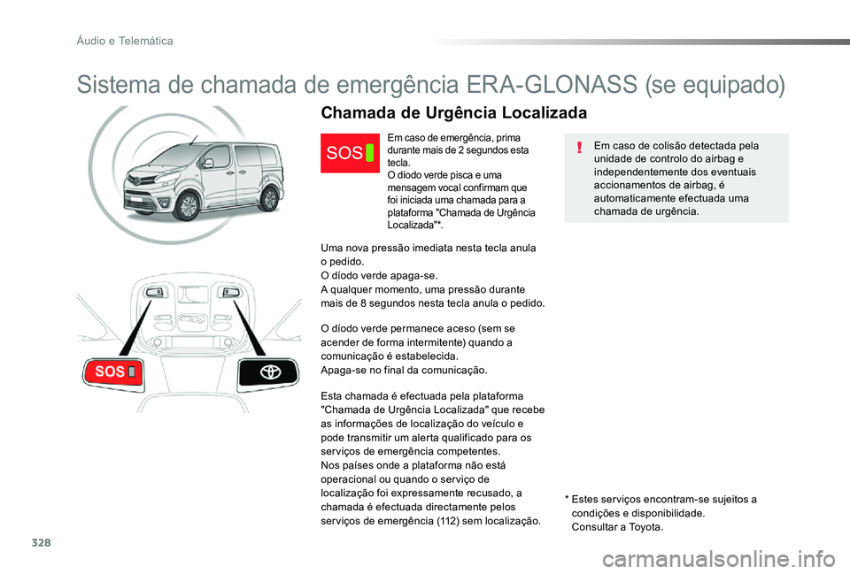 TOYOTA PROACE VERSO 2020  Manual de utilização (in Portuguese) 328
ProaceVerso_pt_Chap10a_BTA_ed2019_V02
Sistema de chamada de emergência ERA-GLONASS (se equipado)
Em caso de colisão detectada pela unidade de controlo do airbag e independentemente dos eventuais