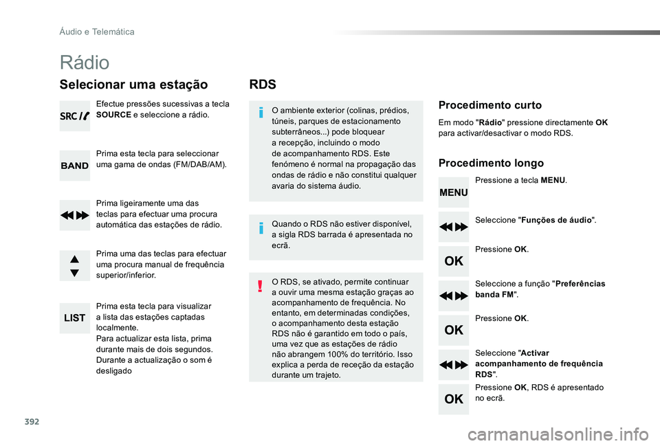 TOYOTA PROACE VERSO 2020  Manual de utilização (in Portuguese) 392
ProaceVerso_pt_Chap10d_RD6_ed2019_V02
RDS
Procedimento curto
Procedimento longo
O ambiente exterior (colinas, prédios, túneis, parques de estacionamento subterrâneos...) pode bloquear a recepç