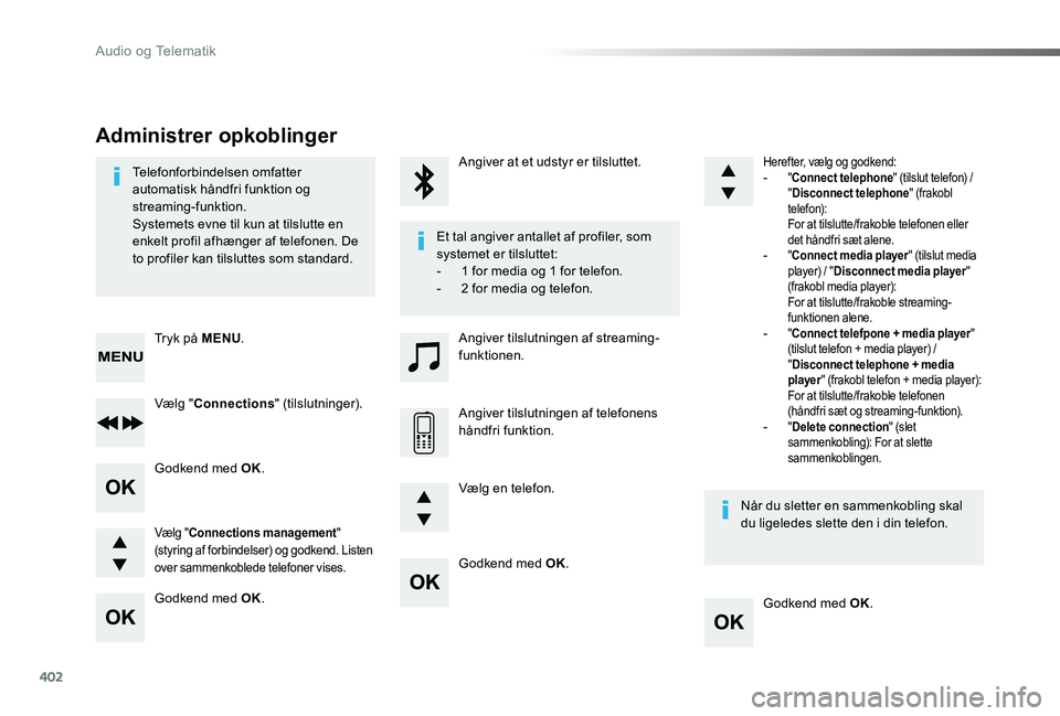 TOYOTA PROACE VERSO 2020  Brugsanvisning (in Danish) 402
ProaceVerso_da_Chap10d_RD6_ed2019_V02
Godkend med OK.
Godkend med OK.
Godkend med OK.
Godkend med OK.
Telefonforbindelsen omfatter automatisk håndfri funktion og streaming-funktion.Systemets evne