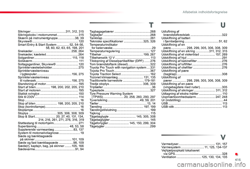 TOYOTA PROACE VERSO 2020  Brugsanvisning (in Danish) 415
ProaceVerso_da_Chap11_index-alpha_ed2019_V02
Tagbagagebærer ..........................................268Tagbøjler .......................................................268Tankklap ............