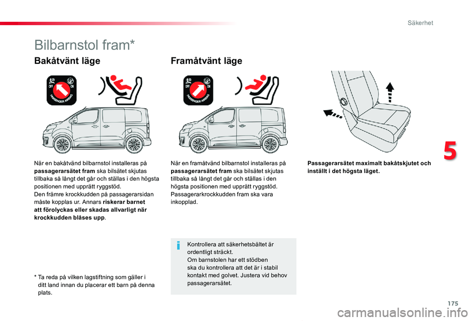 TOYOTA PROACE VERSO 2020 Bruksanvisningar (in Swedish) 175
Proace verso_sv_Chap05_securite_ed01-2019
Passagerarsätet maximalt bakåtskjutet och inställt i det högsta läget.
Bakåtvänt läge
Bilbarnstol fram*
Framåtvänt läge
Kontrollera att säkerh TOYOTA PROACE VERSO 2020 Bruksanvisningar (in Swedish) 175
Proace verso_sv_Chap05_securite_ed01-2019
Passagerarsätet maximalt bakåtskjutet och inställt i det högsta läget.
Bakåtvänt läge
Bilbarnstol fram*
Framåtvänt läge
Kontrollera att säkerh