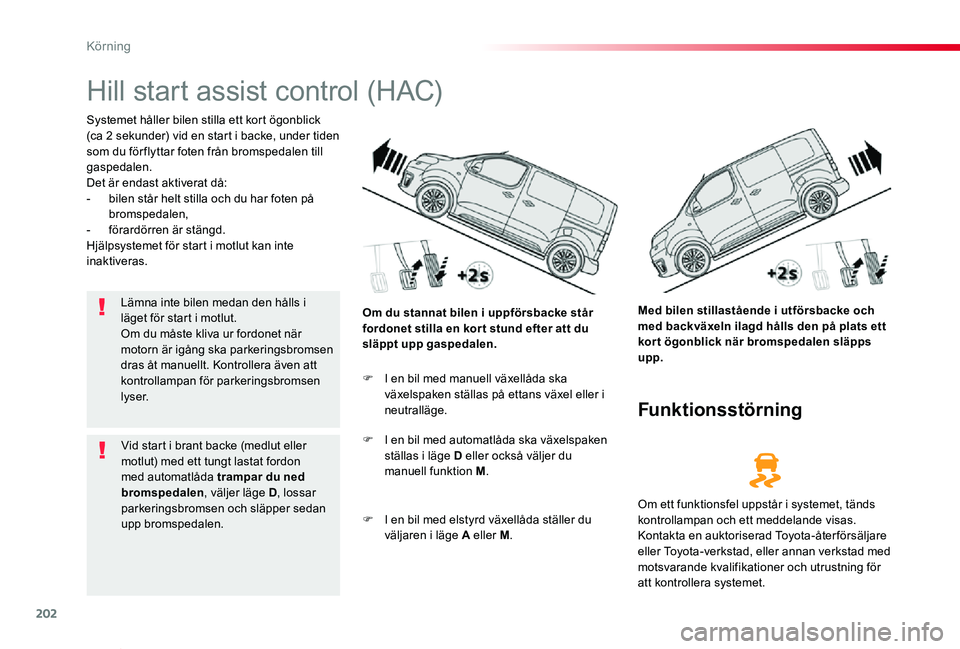 TOYOTA PROACE VERSO 2020 Bruksanvisningar (in Swedish) 202
Proace verso_sv_Chap06_conduite_ed01-2019
Hill start assist control (HAC)
Systemet håller bilen stilla ett kort ögonblick (ca 2 sekunder) vid en start i backe, under tiden som du för flyttar fo TOYOTA PROACE VERSO 2020 Bruksanvisningar (in Swedish) 202
Proace verso_sv_Chap06_conduite_ed01-2019
Hill start assist control (HAC)
Systemet håller bilen stilla ett kort ögonblick (ca 2 sekunder) vid en start i backe, under tiden som du för flyttar fo