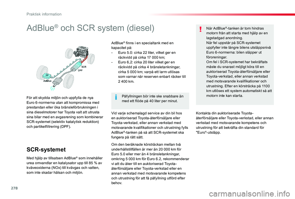 TOYOTA PROACE VERSO 2020 Bruksanvisningar (in Swedish) 278
AdBlue® och SCR system (diesel)
För att skydda miljön och uppfylla de nya Euro 6-normerna utan att kompromissa med prestandan eller öka bränsleförbrukningen i sina dieselmotorer har Toyota v TOYOTA PROACE VERSO 2020 Bruksanvisningar (in Swedish) 278
AdBlue® och SCR system (diesel)
För att skydda miljön och uppfylla de nya Euro 6-normerna utan att kompromissa med prestandan eller öka bränsleförbrukningen i sina dieselmotorer har Toyota v