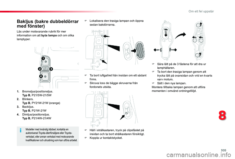 TOYOTA PROACE VERSO 2020 Bruksanvisningar (in Swedish) 305
Proace verso_sv_Chap08_En-cas-de-panne_ed01-2019
Bakljus (bakre dubbeldörrar
med fönster)
Läs under motsvarande rubrik för mer information om att byta lampa och om olika lamptyper.
F Håll i TOYOTA PROACE VERSO 2020 Bruksanvisningar (in Swedish) 305
Proace verso_sv_Chap08_En-cas-de-panne_ed01-2019
Bakljus (bakre dubbeldörrar
med fönster)
Läs under motsvarande rubrik för mer information om att byta lampa och om olika lamptyper.
F Håll i
