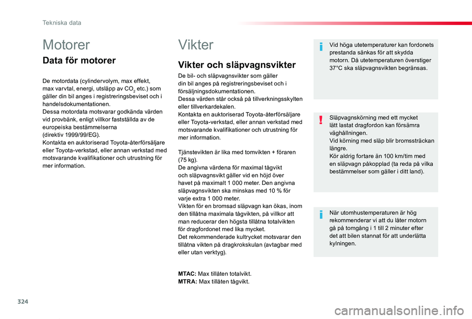 TOYOTA PROACE VERSO 2020 Bruksanvisningar (in Swedish) 324
Proace verso_sv_Chap09_caracteristiques-techniques_ed01-2019
Motorer
Data för motorer
De motordata (cylinder volym, max effekt, max var vtal, energi, utsläpp av CO2 etc.) som gäller din bil ang TOYOTA PROACE VERSO 2020 Bruksanvisningar (in Swedish) 324
Proace verso_sv_Chap09_caracteristiques-techniques_ed01-2019
Motorer
Data för motorer
De motordata (cylinder volym, max effekt, max var vtal, energi, utsläpp av CO2 etc.) som gäller din bil ang