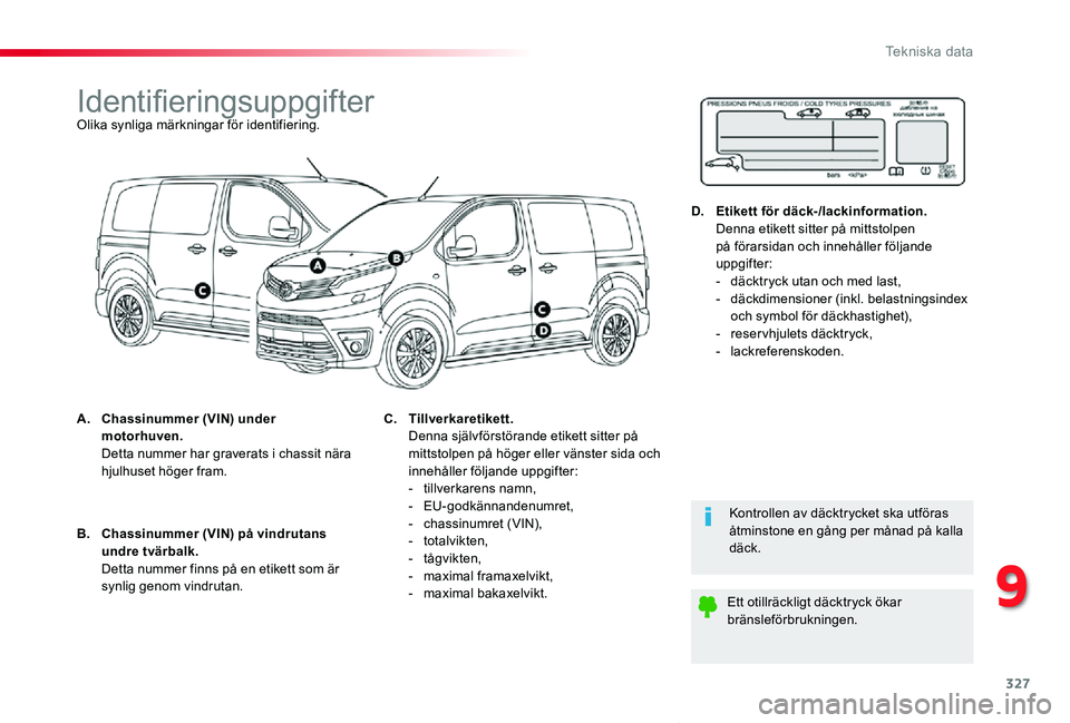 TOYOTA PROACE VERSO 2020 Bruksanvisningar (in Swedish) 327
Proace verso_sv_Chap09_caracteristiques-techniques_ed01-2019
IdentifieringsuppgifterOlika synliga märkningar för identifiering.
A. Chassinummer (VIN) under motorhuven. Detta nummer har graverat TOYOTA PROACE VERSO 2020 Bruksanvisningar (in Swedish) 327
Proace verso_sv_Chap09_caracteristiques-techniques_ed01-2019
IdentifieringsuppgifterOlika synliga märkningar för identifiering.
A. Chassinummer (VIN) under motorhuven. Detta nummer har graverat