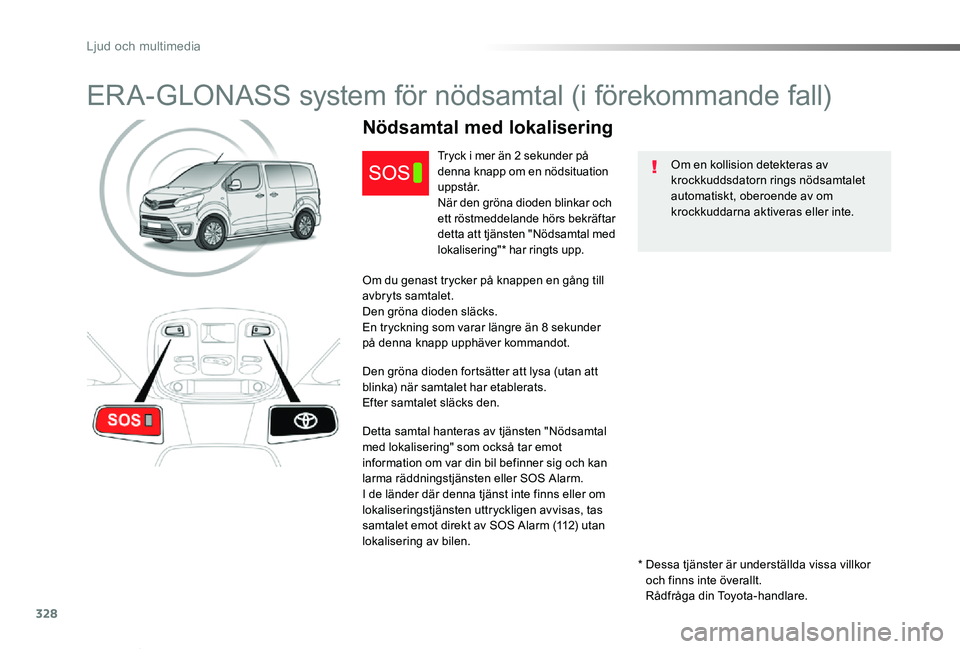 TOYOTA PROACE VERSO 2020 Bruksanvisningar (in Swedish) 328
Proace verso_sv_Chap10a_BTA_ed01-2019
ERA-GLONASS system för nödsamtal (i förekommande fall)
Om en kollision detekteras av krockkuddsdatorn rings nödsamtalet automatiskt, oberoende av om krock TOYOTA PROACE VERSO 2020 Bruksanvisningar (in Swedish) 328
Proace verso_sv_Chap10a_BTA_ed01-2019
ERA-GLONASS system för nödsamtal (i förekommande fall)
Om en kollision detekteras av krockkuddsdatorn rings nödsamtalet automatiskt, oberoende av om krock