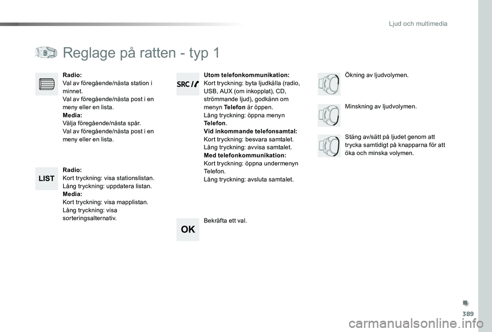 TOYOTA PROACE VERSO 2020  Bruksanvisningar (in Swedish) 389
Proace verso_sv_Chap10d_RD6_ed01-2019
Reglage på ratten - typ 1
Radio:Kort tryckning: visa stationslistan.Lång tryckning: uppdatera listan.Media:Kort tryckning: visa mapplistan.Lång tryckning: 