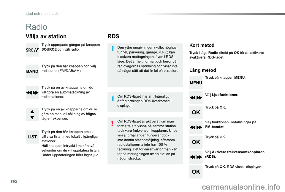 TOYOTA PROACE VERSO 2020  Bruksanvisningar (in Swedish) 392
Proace verso_sv_Chap10d_RD6_ed01-2019
RDS
Kort metod
Lång metod
Den yttre omgivningen (kulle, höghus, tunnel, parkering, garage, o.s.v.) kan blockera mottagningen, även i RDS-läge. Det är hel