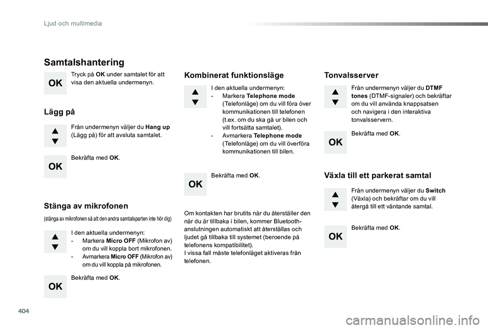 TOYOTA PROACE VERSO 2020  Bruksanvisningar (in Swedish) 404
Proace verso_sv_Chap10d_RD6_ed01-2019
Tryck på OK under samtalet för att visa den aktuella undermenyn.
Från undermenyn väljer du Hang up (Lägg på) för att avsluta samtalet.
Samtalshantering