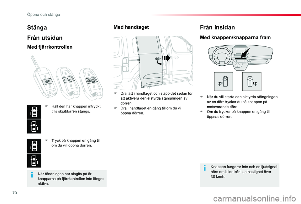 TOYOTA PROACE VERSO 2020  Bruksanvisningar (in Swedish) 70
Proace verso_sv_Chap02_ouvertures_ed01-2019
När tändningen har slagits på är knapparna på fjärrkontrollen inte längre aktiva.
Stänga
Från utsidan
F När du vill starta den elstyrda stängn