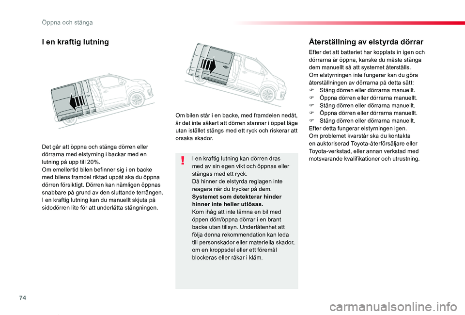TOYOTA PROACE VERSO 2020  Bruksanvisningar (in Swedish) 74
Proace verso_sv_Chap02_ouvertures_ed01-2019
I en kraftig lutning kan dörren dras med av sin egen vikt och öppnas eller stängas med ett ryck.Då hinner de elstyrda reglagen inte reagera när du t