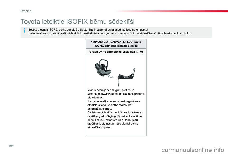 TOYOTA PROACE VERSO 2020  Lietošanas Instrukcija (in Latvian) 184
Proace Verso_lv_Chap05_securite_ed2019_V02
Toyota ieteiktie ISOFIX bērnu sēdeklīši
Toyota piedāvā ISOFIX bērnu sēdeklīšu klāstu, kas ir saderīgi un apstiprināti jūsu automašīnai.La
