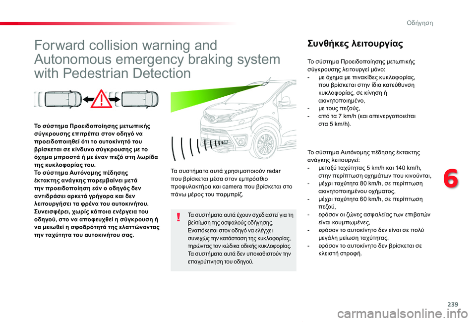 TOYOTA PROACE VERSO 2020  ΟΔΗΓΌΣ ΧΡΉΣΗΣ (in Greek) 239
Proace-Verso_el_Chap06_conduite_ed01-2019
Forward collision warning and 
Autonomous emergency braking system 
with Pedestrian Detection
Συνθήκες λειτουργίας
Το σύστημα 