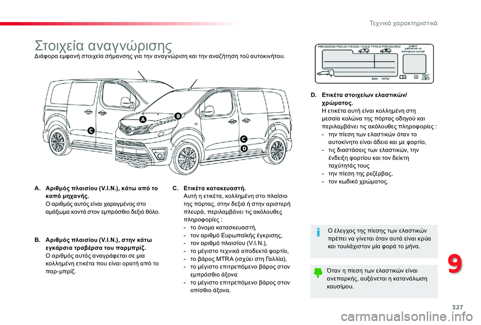 TOYOTA PROACE VERSO 2020  ΟΔΗΓΌΣ ΧΡΉΣΗΣ (in Greek) 327
Proace-Verso_el_Chap09_caracteristiques-techniques_ed01-2019
Στοιχεία αναγνώρισηςΔιάφορα εμφανή στοιχεία σήμανσης για την αναγ νώρισ