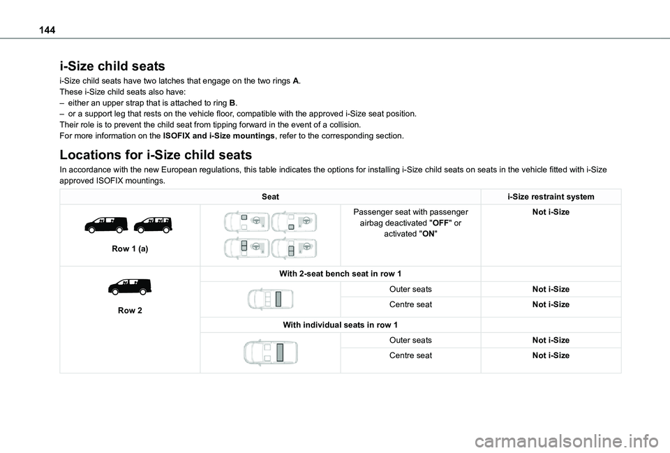 TOYOTA PROACE VERSO 2021  Owners Manual 144
i-Size child seats
i-Size child seats have two latches that engage on the two rings A.These i-Size child seats also have:– either an upper strap that is attached to ring B.– or a support leg t