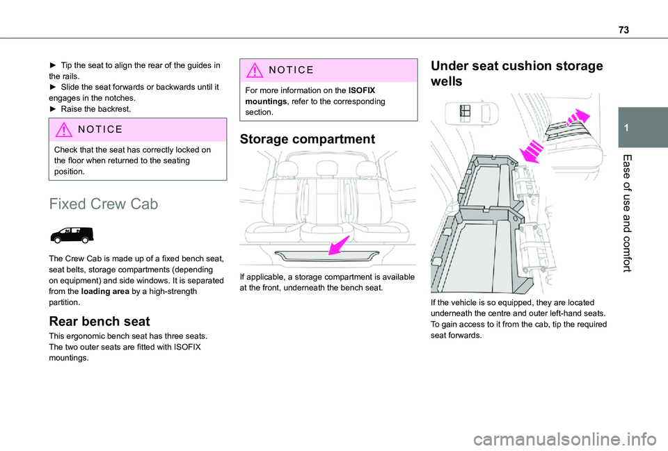 TOYOTA PROACE VERSO 2021 Owners Manual 73
Ease of use and comfort
1
► Tip the seat to align the rear of the guides in the rails.► Slide the seat forwards or backwards until it engages in the notches.► Raise the backrest.
NOTIC E
Che TOYOTA PROACE VERSO 2021 Owners Manual 73
Ease of use and comfort
1
► Tip the seat to align the rear of the guides in the rails.► Slide the seat forwards or backwards until it engages in the notches.► Raise the backrest.
NOTIC E
Che