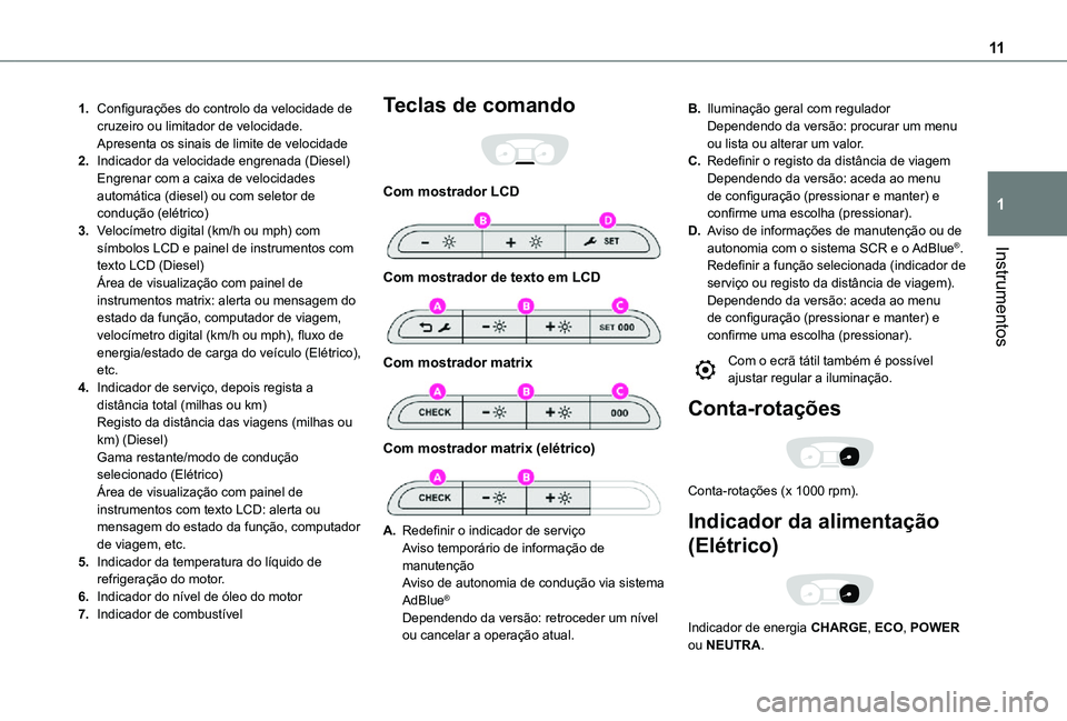 TOYOTA PROACE VERSO 2021  Manual de utilização (in Portuguese) 11
Instrumentos
1
1.Configurações do controlo da velocidade de cruzeiro ou limitador de velocidade.Apresenta os sinais de limite de velocidade
2.Indicador da velocidade engrenada (Diesel)Engrenar co