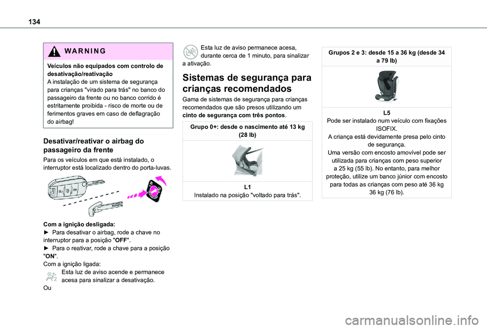 TOYOTA PROACE VERSO 2021 Manual de utilização (in Portuguese) 134
WARNI NG
Veículos não equipados com controlo de desativação/reativaçãoA instalação de um sistema de segurança para crianças "virado para trás" no banco do passageiro da frente o TOYOTA PROACE VERSO 2021 Manual de utilização (in Portuguese) 134
WARNI NG
Veículos não equipados com controlo de desativação/reativaçãoA instalação de um sistema de segurança para crianças "virado para trás" no banco do passageiro da frente o