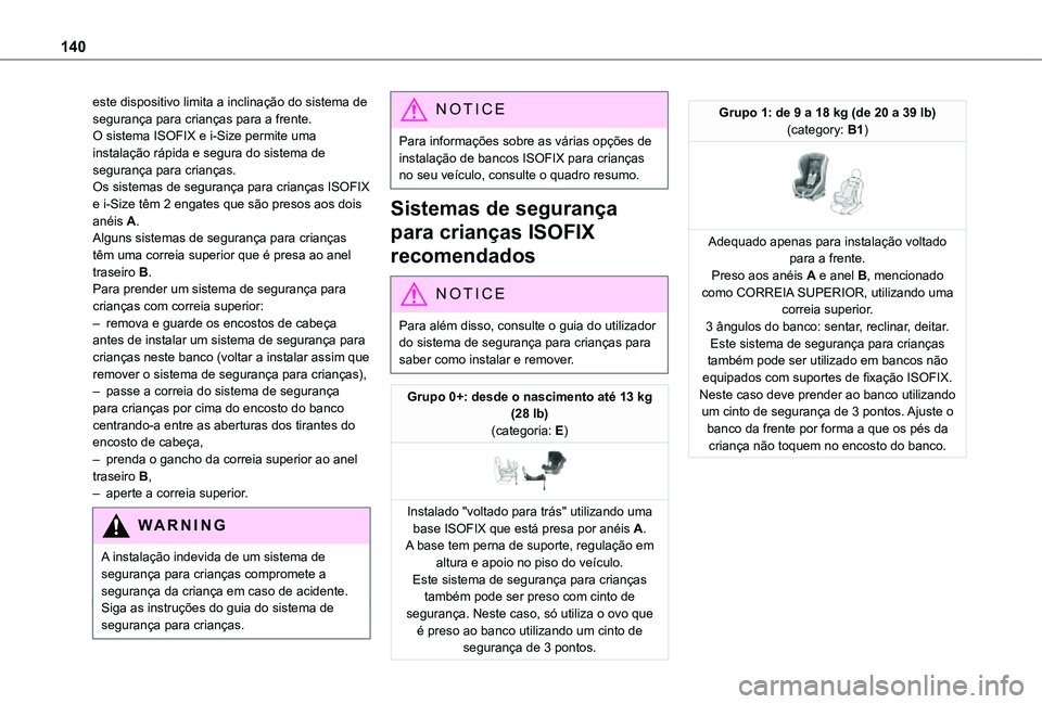 TOYOTA PROACE VERSO 2021 Manual de utilização (in Portuguese) 140
este dispositivo limita a inclinação do sistema de segurança para crianças para a frente.O sistema ISOFIX e i-Size permite uma instalação rápida e segura do sistema de segurança para crian TOYOTA PROACE VERSO 2021 Manual de utilização (in Portuguese) 140
este dispositivo limita a inclinação do sistema de segurança para crianças para a frente.O sistema ISOFIX e i-Size permite uma instalação rápida e segura do sistema de segurança para crian