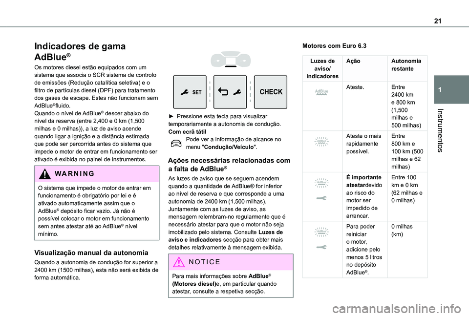 TOYOTA PROACE VERSO 2021 Manual de utilização (in Portuguese) 21
Instrumentos
1
Indicadores de gama
AdBlue®
Os motores diesel estão equipados com um sistema que associa o SCR sistema de controlo de emissões (Redução catalítica seletiva) e o filtro de part TOYOTA PROACE VERSO 2021 Manual de utilização (in Portuguese) 21
Instrumentos
1
Indicadores de gama
AdBlue®
Os motores diesel estão equipados com um sistema que associa o SCR sistema de controlo de emissões (Redução catalítica seletiva) e o filtro de part