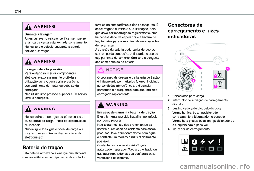 TOYOTA PROACE VERSO 2021 Manual de utilização (in Portuguese) 214
WARNI NG
Durante a lavagemAntes de lavar o veículo, verificar sempre se a tampa de carga está fechada corretamente.Nunca lave o veículo enquanto a bateria estiver a carregar.
WARNI NG
Lavagem d TOYOTA PROACE VERSO 2021 Manual de utilização (in Portuguese) 214
WARNI NG
Durante a lavagemAntes de lavar o veículo, verificar sempre se a tampa de carga está fechada corretamente.Nunca lave o veículo enquanto a bateria estiver a carregar.
WARNI NG
Lavagem d