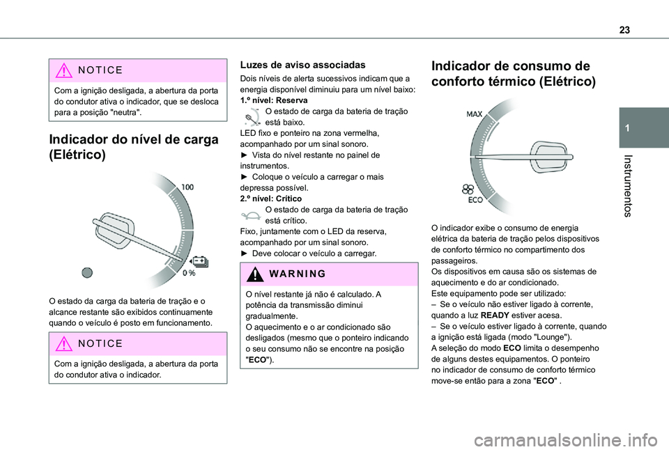 TOYOTA PROACE VERSO 2021 Manual de utilização (in Portuguese) 23
Instrumentos
1
NOTIC E
Com a ignição desligada, a abertura da porta do condutor ativa o indicador, que se desloca para a posição "neutra".
Indicador do nível de carga
(Elétrico)
O TOYOTA PROACE VERSO 2021 Manual de utilização (in Portuguese) 23
Instrumentos
1
NOTIC E
Com a ignição desligada, a abertura da porta do condutor ativa o indicador, que se desloca para a posição "neutra".
Indicador do nível de carga
(Elétrico)
O
