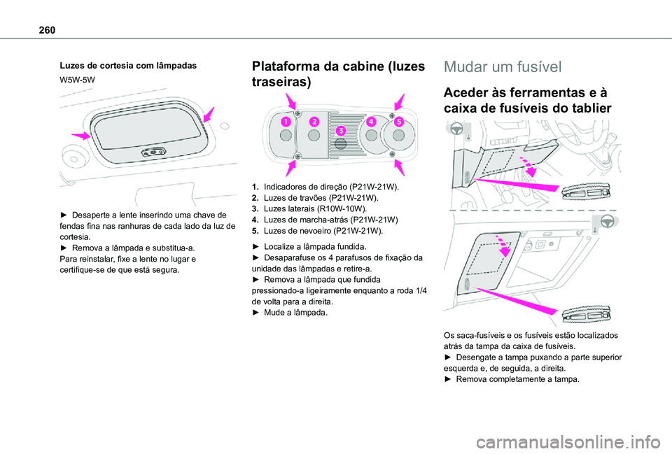 TOYOTA PROACE VERSO 2021  Manual de utilização (in Portuguese) 260
Luzes de cortesia com lâmpadas
W5W-5W 
 
► Desaperte a lente inserindo uma chave de fendas fina nas ranhuras de cada lado da luz de cortesia.► Remova a lâmpada e substitua-a.Para reinstalar,